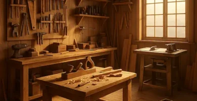 Taller de carpintería con banco de trabajo y herramientas de madera